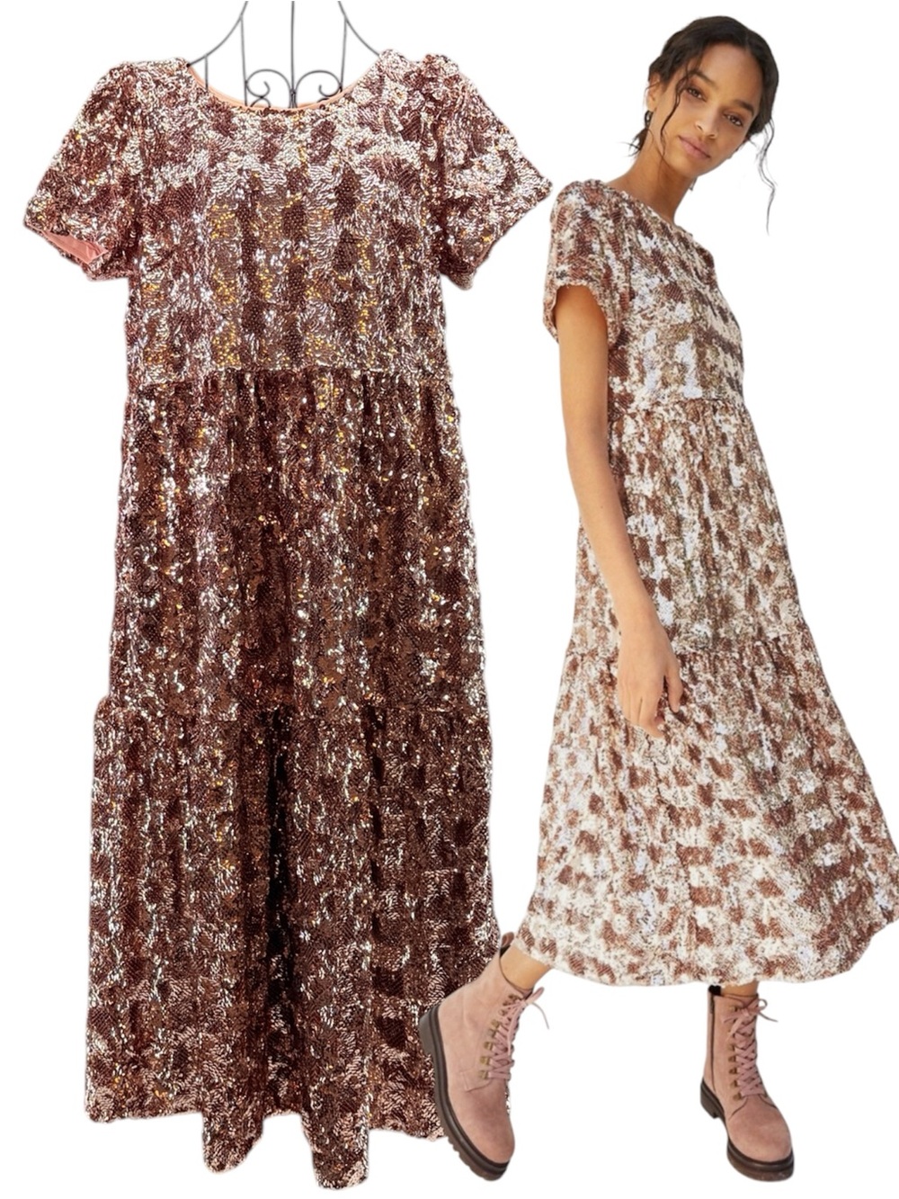 Anthropologie Maeve Peach Rose Gold Sequin Flirty Tiered Midi Dress Size X-Small